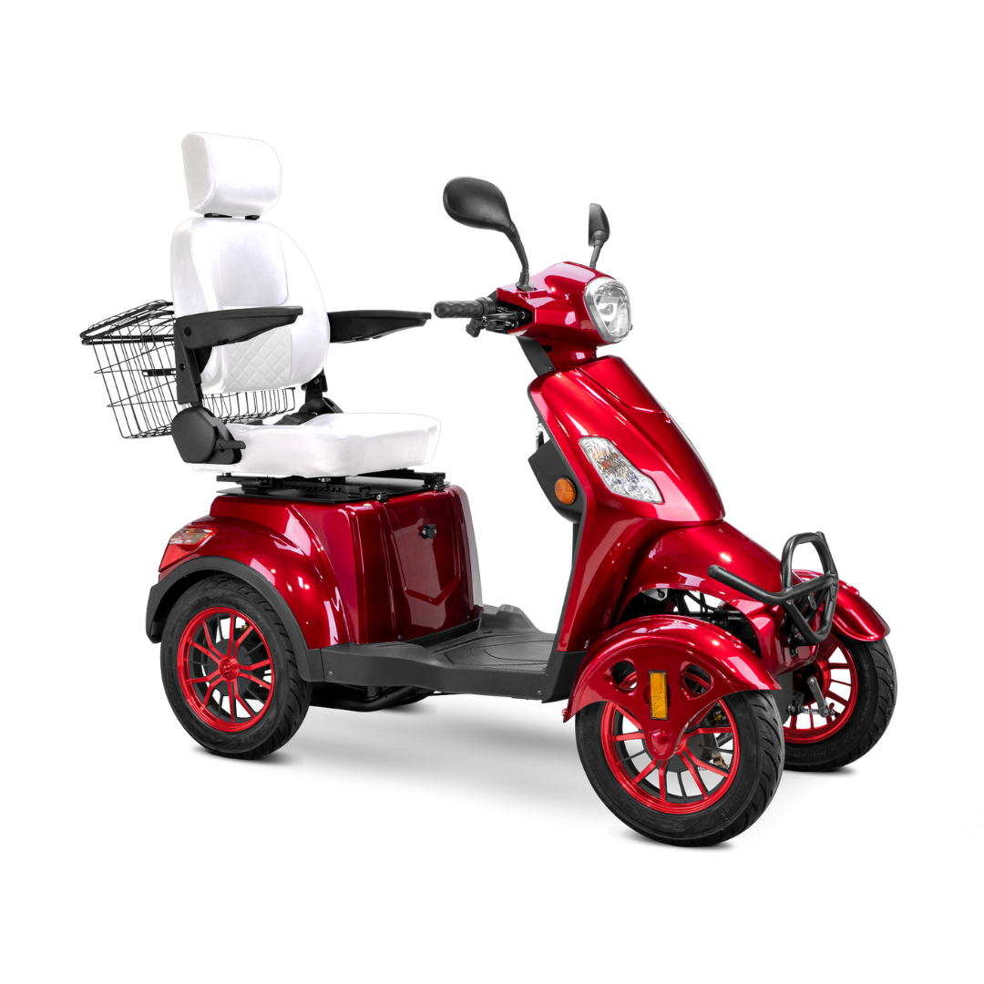 The Bespoke Prestige Recreational 4-Wheel Scooter features a shiny red finish, white adjustable seat with high backrest, black armrests, front headlight, and a metal basket mounted behind the seat.